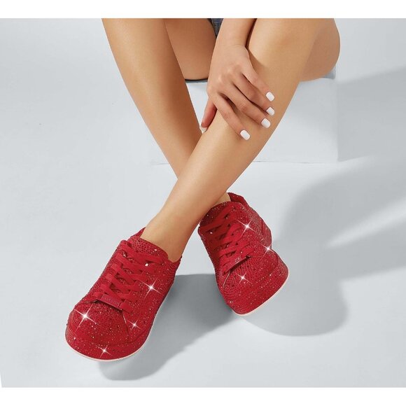 Women's Red Platform Rhinestone Fashion Glitter Sneakers Sparkly Shiny Shoes - Picture 3 of 9